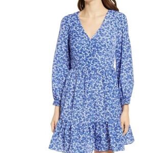 NWT Eliza J Blue Floral V-Neck Ruffle Skirt Mini Dress - Size 14